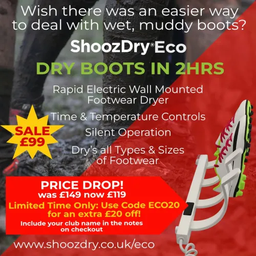 Advertisement for ShoozDry Eco showing a footwear dryer, text highlights features and sale.